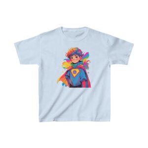 Superhero kid graphic with heart emblem and rainbow cape on heavy cotton tee