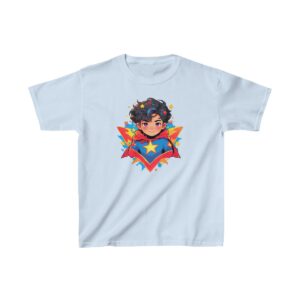 Superhero boy graphic with star and colorful cape on heavy cotton tee