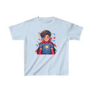 Superhero boy graphic with cape and stars on heavy cotton tee