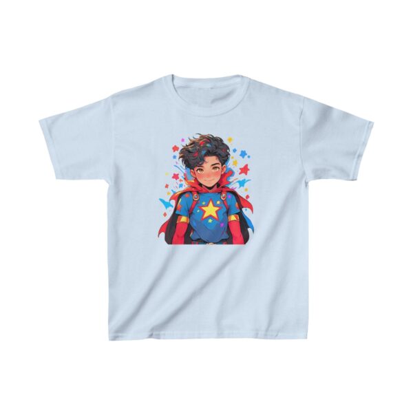 Superhero boy graphic with cape and stars on heavy cotton tee