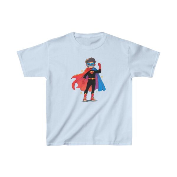 Superhero kid graphic with flexing pose on heavy cotton tee