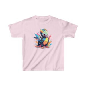 colorful microraptor with vibrant feathers on a kids tee