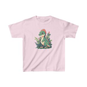 Cute baby brachiosaurus standing among flowers and plants on a Kids Heavy Cotton Tee