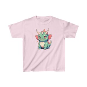 Cute baby carnotaurus with small horns and wings on a Kids Heavy Cotton Tee