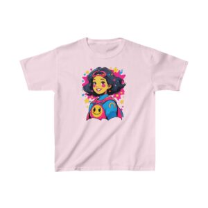 Superhero girl graphic with smiley emblem and colorful background on heavy cotton tee