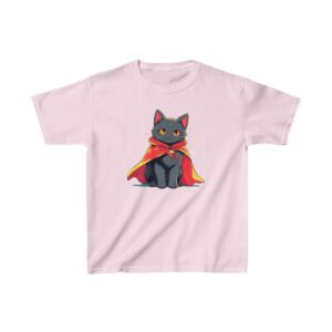 Kids Heavy Cotton Tee with a cartoon superhero cat wearing a red cape