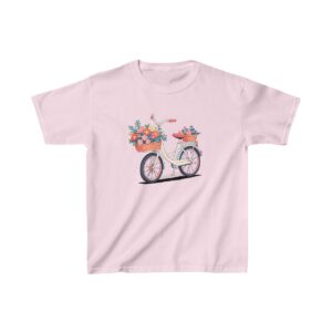 Kids Heavy Cotton Tee with a white bicycle featuring flower-filled baskets