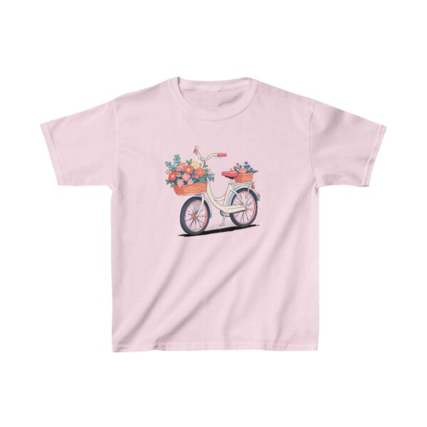 Kids Heavy Cotton Tee with a white bicycle featuring flower-filled baskets