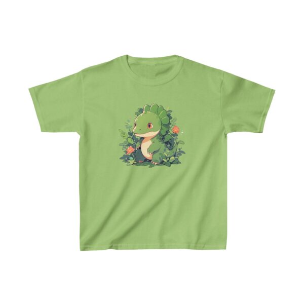 Cute baby apatosaurus standing among flowers and plants on a Kids Heavy Cotton Tee