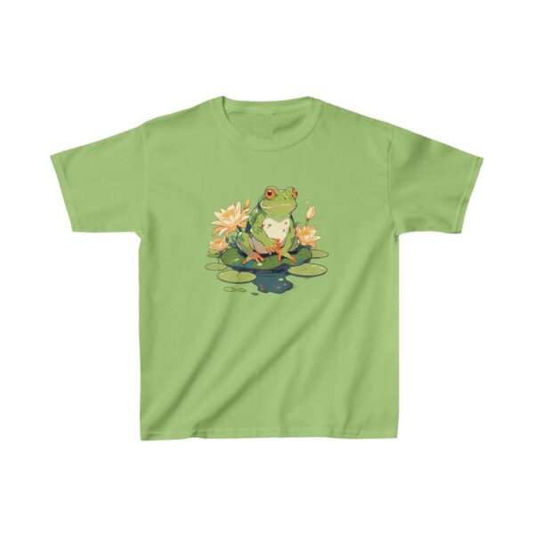 cute frog sitting on a lily pad with flowers on a kids tee