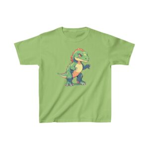 Cute baby allosaurus standing with a curious expression on a Kids Heavy Cotton Tee