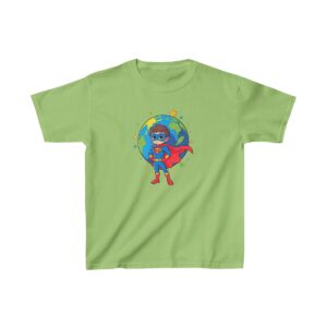 Superhero kid with cape and mask standing in front of the globe on a Kids Heavy Cotton Tee