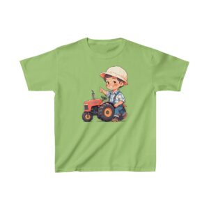 Kids Heavy Cotton Tee with a cartoon child driving a red tractor