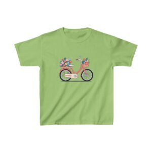 Kids Heavy Cotton Tee with a decorative bicycle adorned with flowers in the baskets