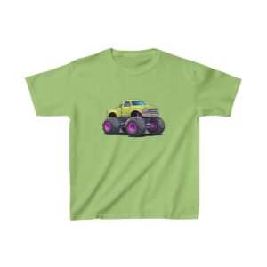 Kids Heavy Cotton Tee with a yellow monster truck featuring large purple wheels