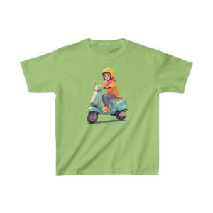 Kids Heavy Cotton Tee with a child riding a scooter wearing a helmet and backpack