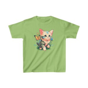 playful kitten with a butterfly on a kids tee