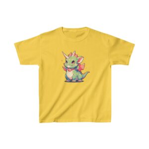 Cute baby carnotaurus with a unicorn horn on a Kids Heavy Cotton Tee