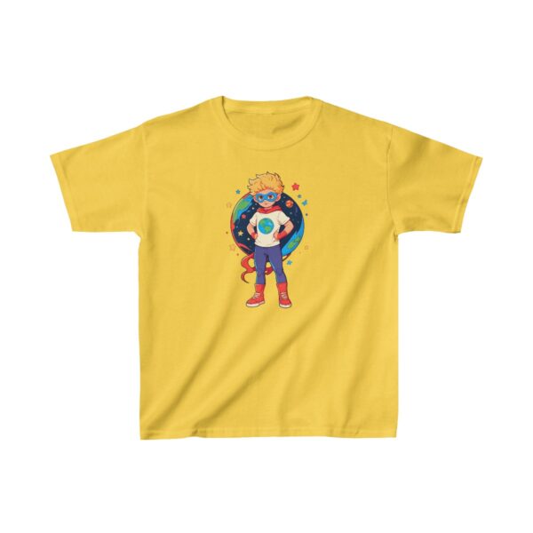 Superhero kid holding a shield with a cosmic background on a Kids Heavy Cotton Tee