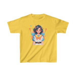 Superheroine graphic with colorful butterfly wings and floral details on heavy cotton tee