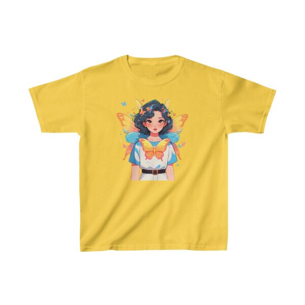 Superheroine graphic with colorful butterfly wings and floral details on heavy cotton tee