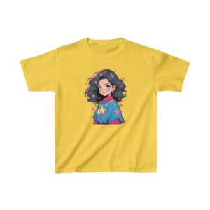 Superheroine graphic with short hair and starry outfit on heavy cotton tee