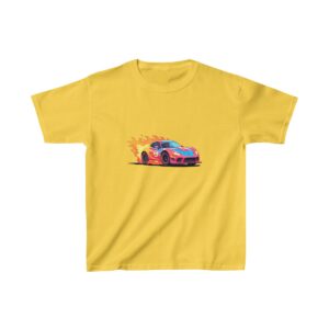 Kids Heavy Cotton Tee with a cartoon race car surrounded by flames