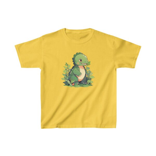 Cute baby apatosaurus standing among plants on a Kids Heavy Cotton Tee