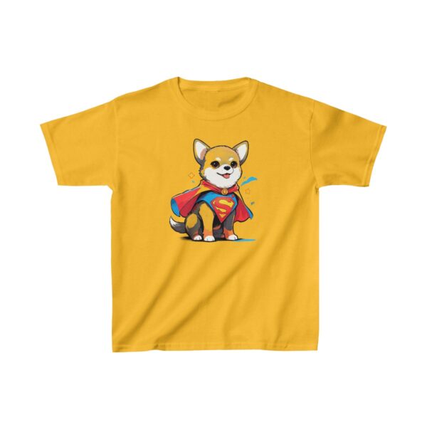 Kids Heavy Cotton Tee with a cute cartoon superhero dog in a cape