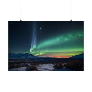 vibrant aurora lights in the night sky over a snowy landscape with distant mountains