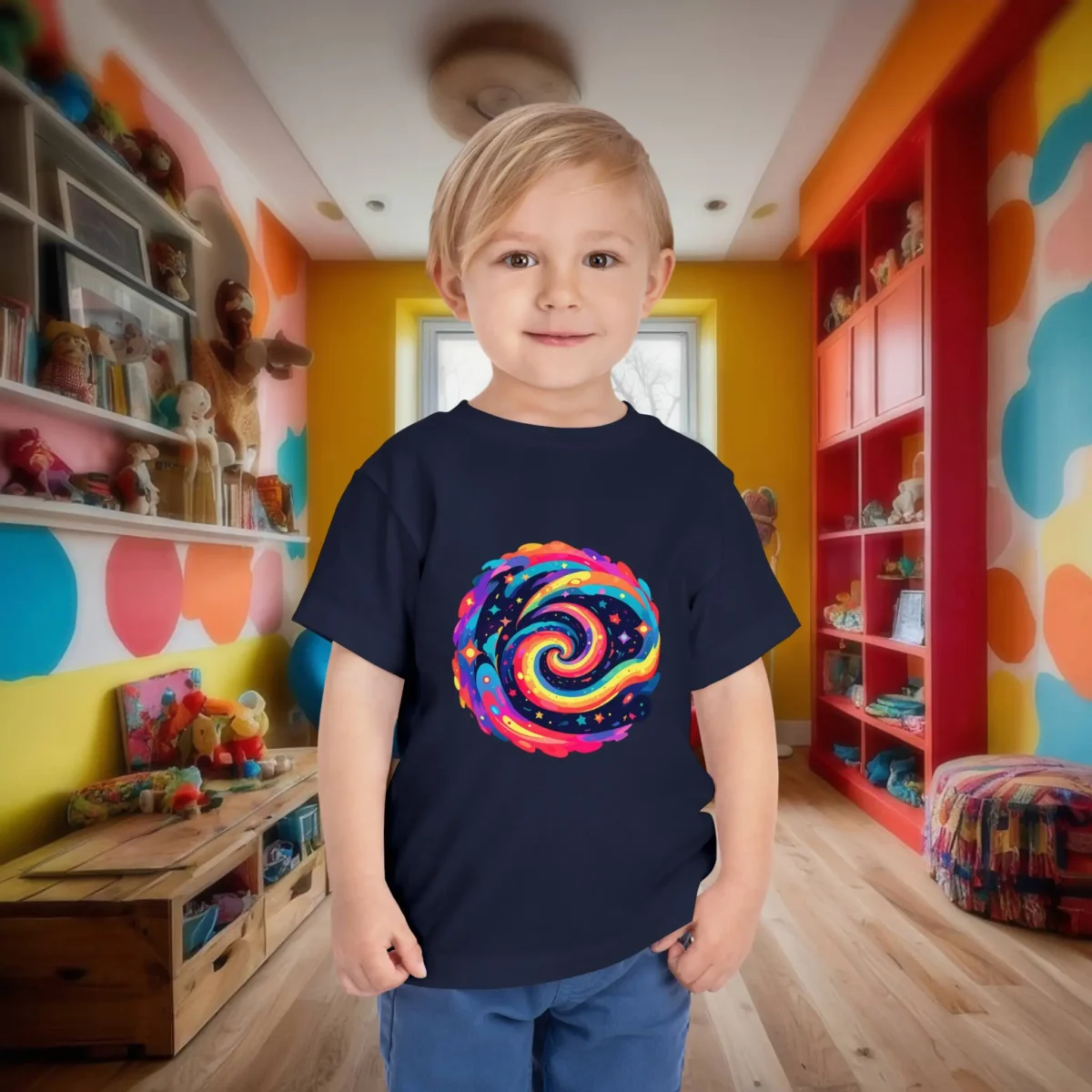 Toddler in a navy blue t-shirt with a vivid galaxy swirl graphic