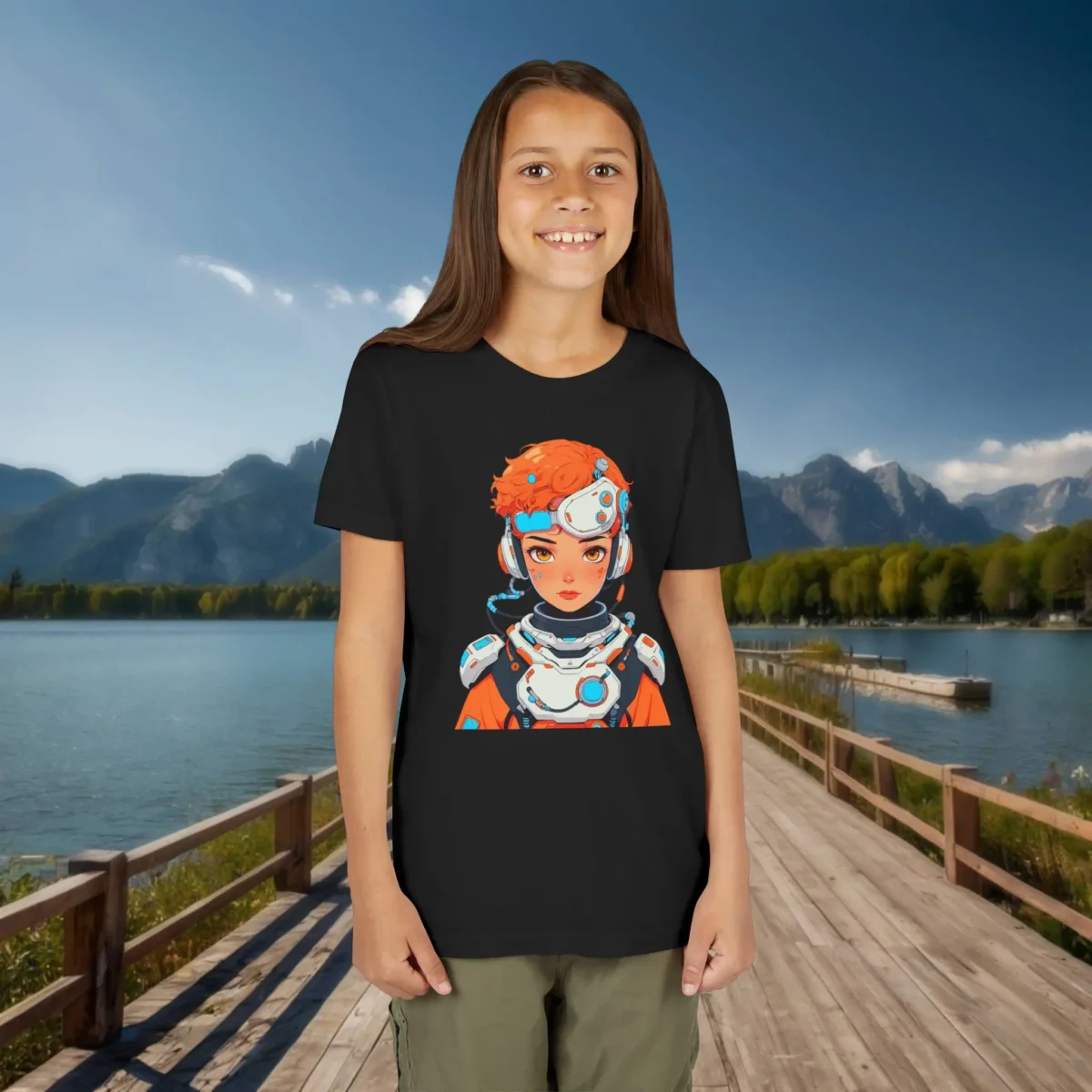 Girl wearing a black T-shirt with a colorful cyborg girl design in futuristic armor