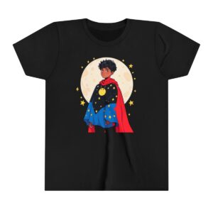 Superhero boy illustration on youth short sleeve tee with a red cape and starry outfit