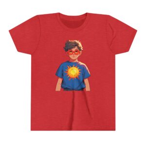 Superhero boy illustration on youth short sleeve tee with red mask and sun emblem on a blue shirt