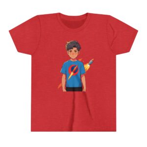 Superhero boy illustration on youth short sleeve tee with a blue shirt featuring a rocket emblem