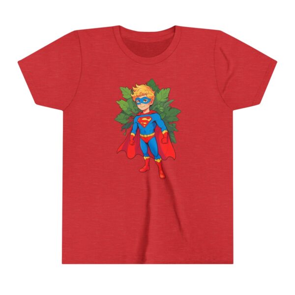 Superhero boy illustration on youth short sleeve tee with blue suit, red cape, and mask