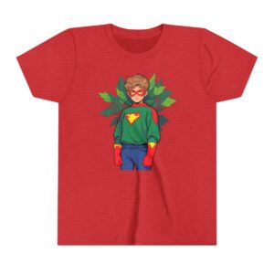 Superhero boy illustration on youth short sleeve tee with red mask, green shirt, and yellow emblem