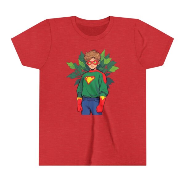 Superhero boy illustration on youth short sleeve tee with red mask, green shirt, and yellow emblem