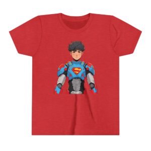 Superhero boy illustration on youth short sleeve tee wearing blue high-tech armor and a red emblem