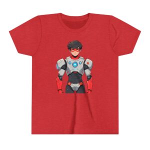 Superhero boy illustration on youth short sleeve tee wearing high-tech armor and red gloves