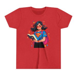 Superhero girl illustration on youth short sleeve tee with red glasses, cape, and holding a book