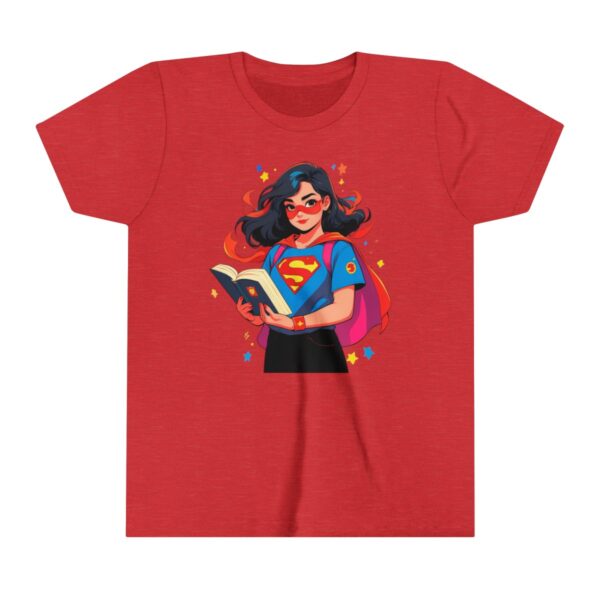 Superhero girl illustration on youth short sleeve tee with red glasses, cape, and holding a book