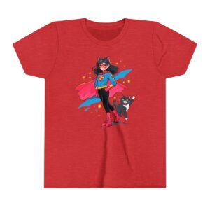 Superhero girl illustration on youth short sleeve tee with cape and black cat companion