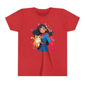 Superhero girl illustration on youth short sleeve tee with a cat companion and heroic outfit