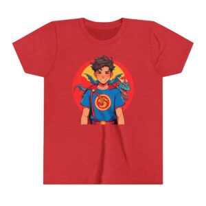 Superhero boy illustration on youth short sleeve tee with a dragon companion and emblem