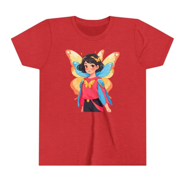 Superheroine girl illustration on youth short sleeve tee with colorful butterfly wings