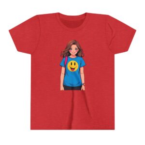 Superhero girl illustration on youth short sleeve tee with a smiley face shirt and a determined expression