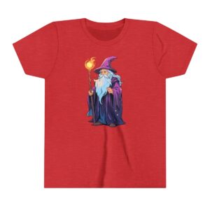 Wizard illustration on youth short sleeve tee with glowing staff and purple robe