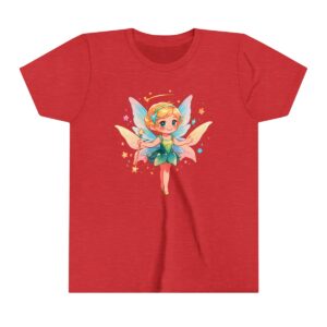 Fairy character illustration on youth short sleeve tee with sparkling wings and a joyful pose