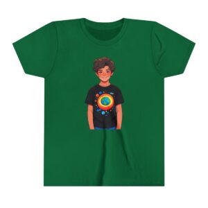 Superhero boy illustration on youth short sleeve tee with a planet and orbit design